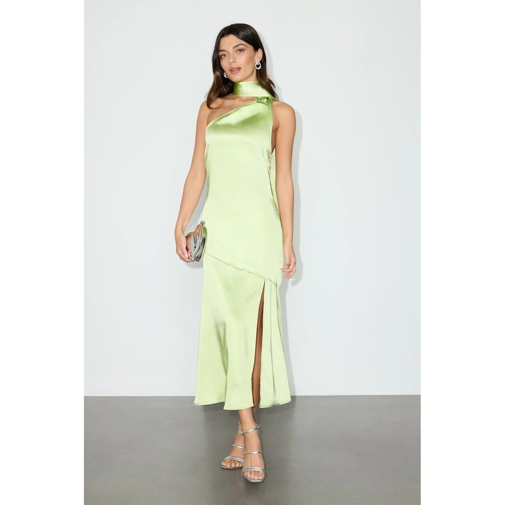 Lulus NWT Reglan Lime Satin One-Shoulder Sash Midi Dress - Extra Small